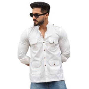 White Cotton Self Print Hunting Style Shirt - Buy Luxury Safari Wear | Jaipurio